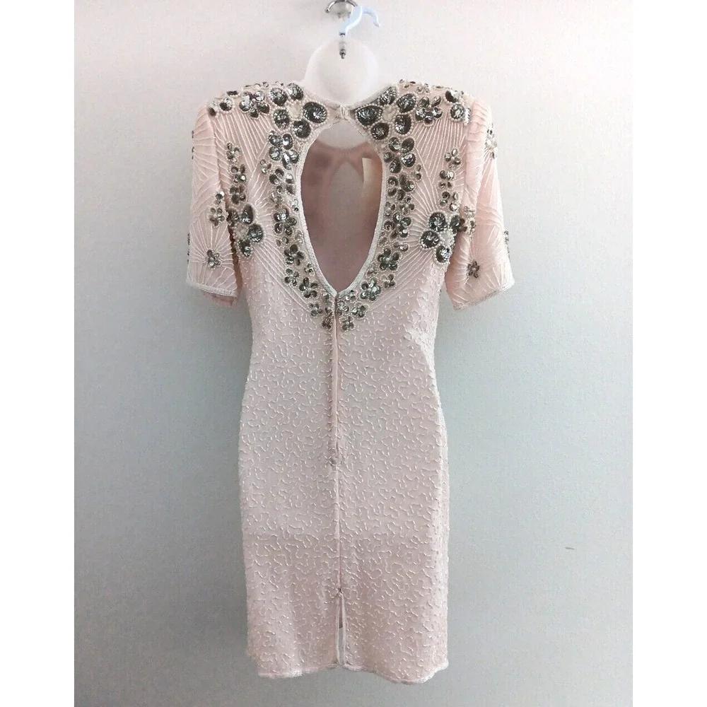 NOS Jennifer Evening Gown MED Pink Midi Silk Bead‎ Sequin Keyhole Barbicore Glam - Picture 6 of 16